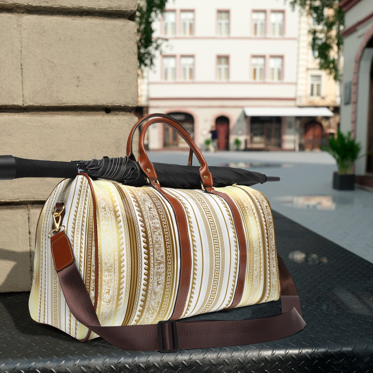Greek Key Gold White Brown Waterproof Travel Bag