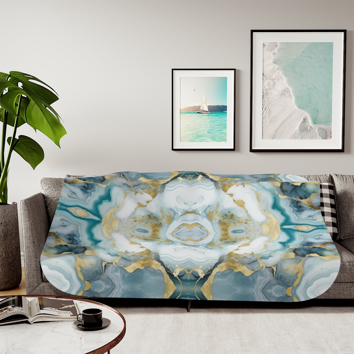 Aqua Green White Gold Sherpa Blanket