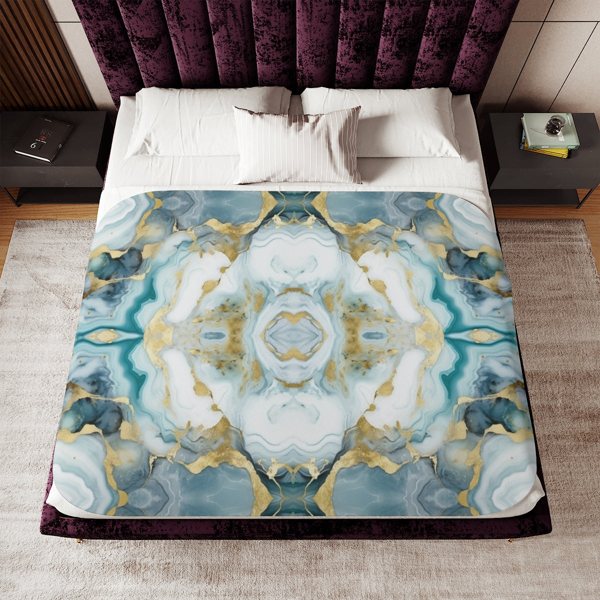 Aqua Green White Gold Sherpa Blanket