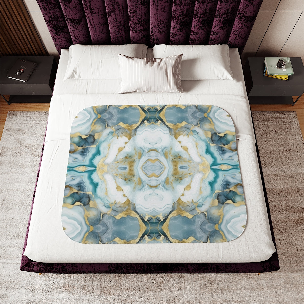 Aqua Green White Gold Sherpa Blanket