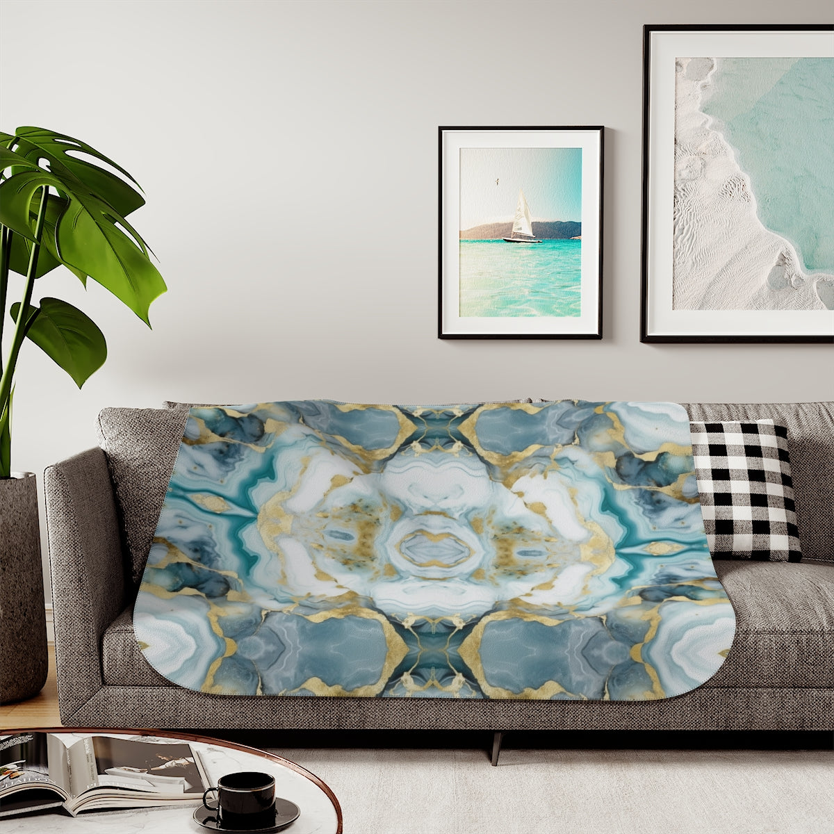 Aqua Green White Gold Sherpa Blanket