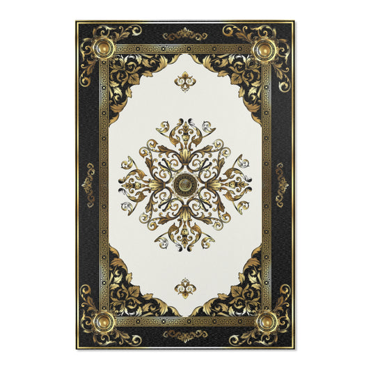 Ornate Gold Baroque Greek Key Black Cream Area  Rug