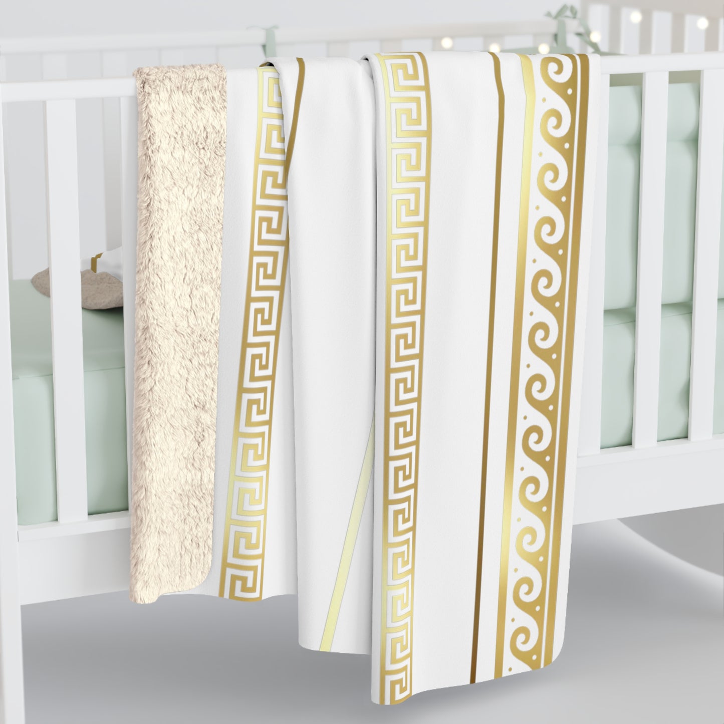 Greek Key Design Gold Striped White Sherpa Fleece Blanket