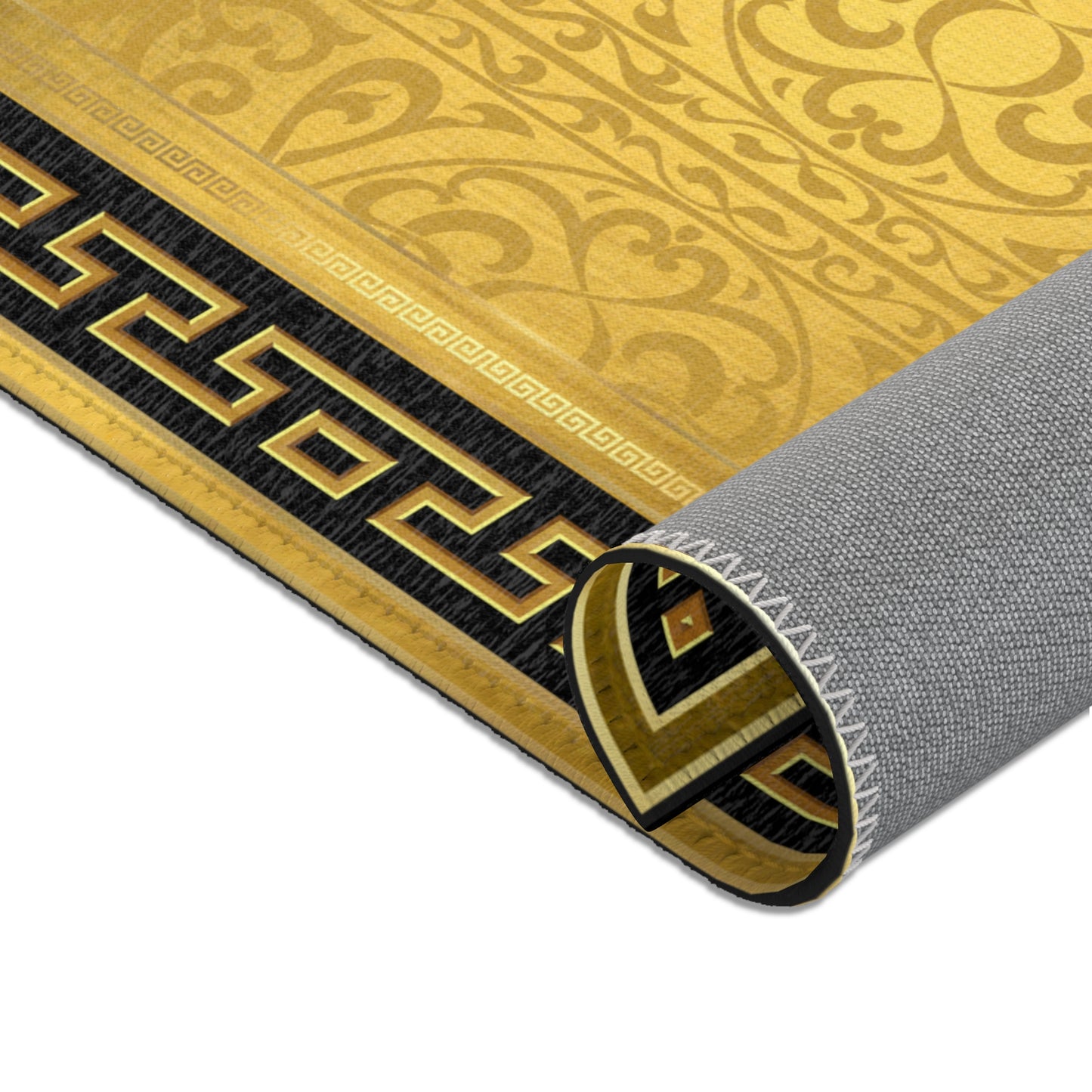 Gold Ornate Greek Keys Black Trim Area Rugs