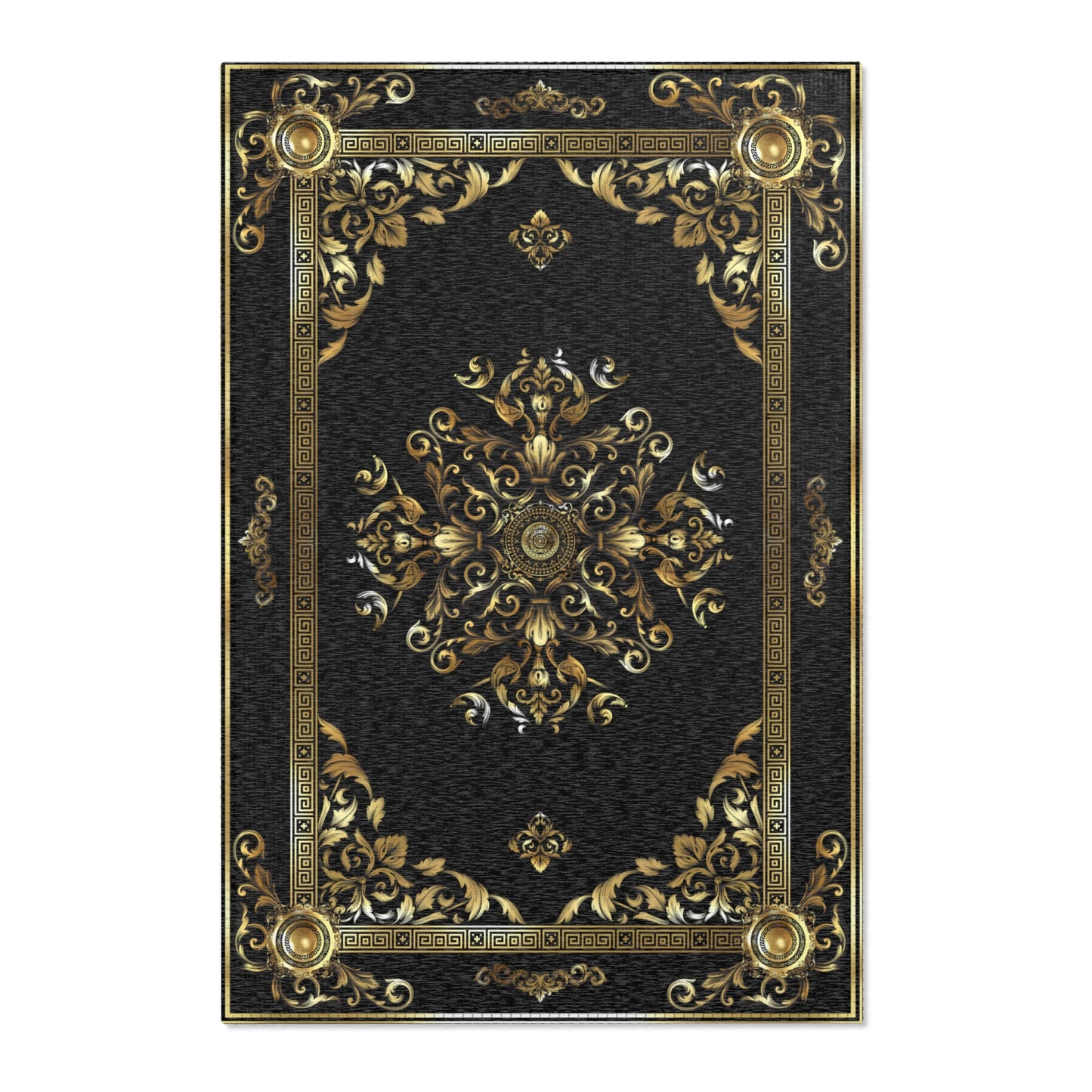 Ornate Gold Baroque Greek Key Black Area  Rug