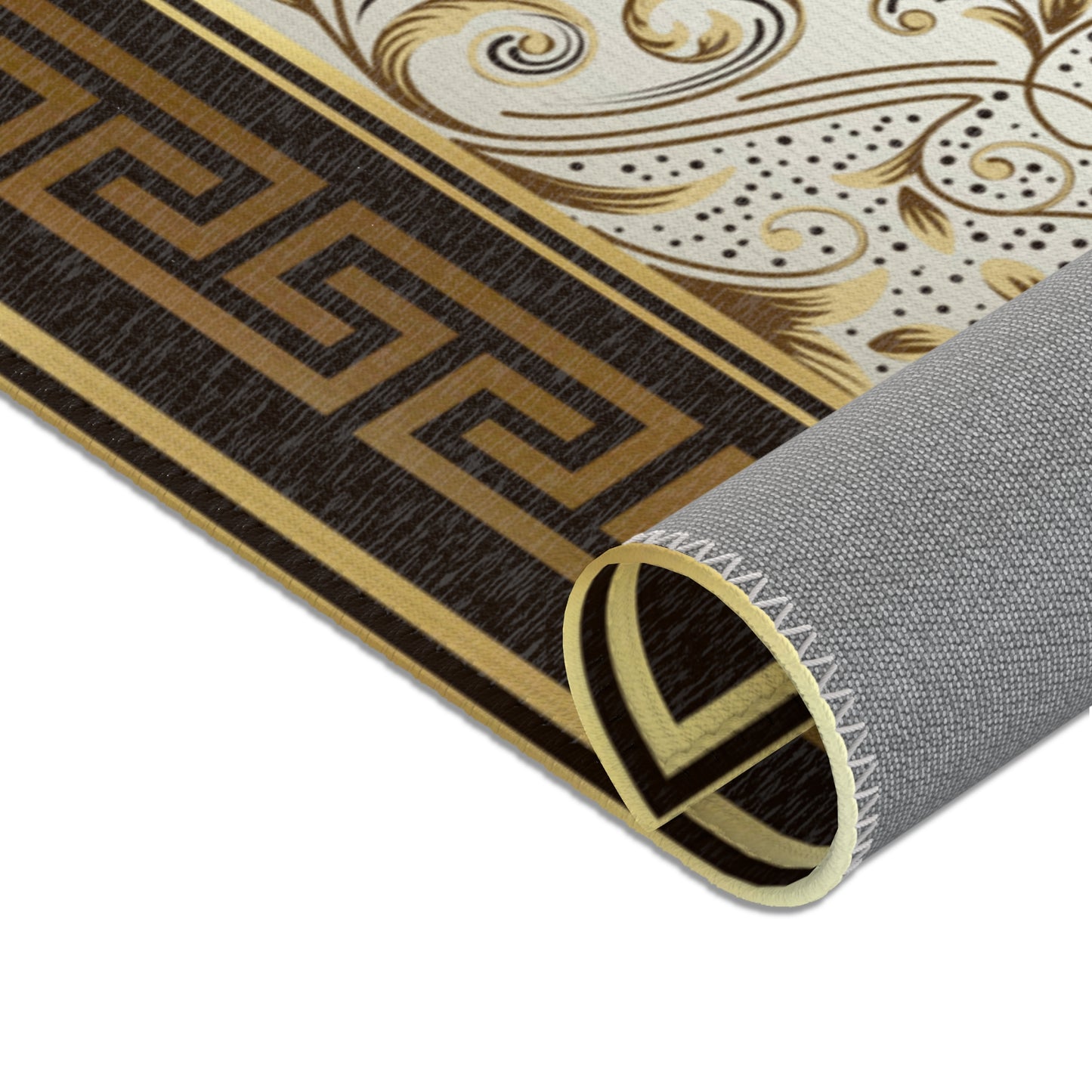 Ornate Floral Gold Tan Black Greek Key Area Rugs