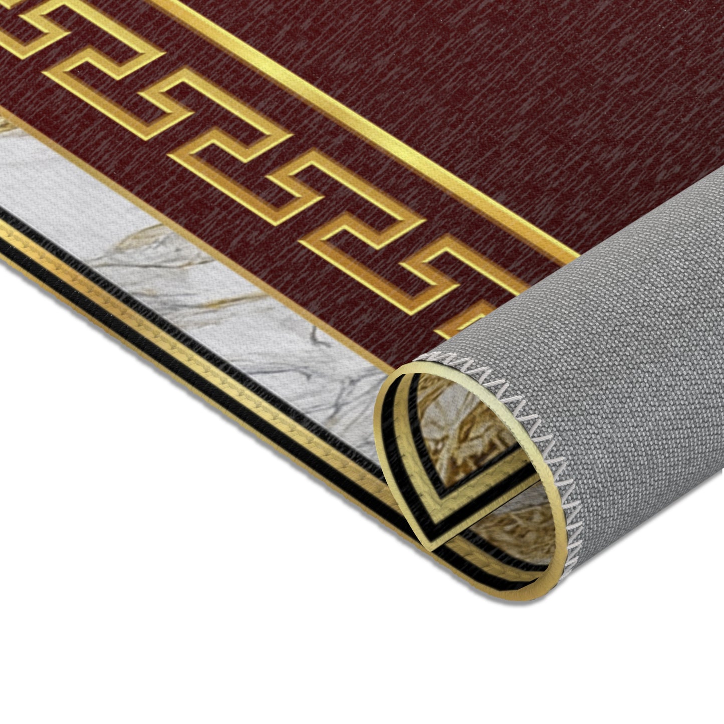 Gold Greek Keys Maroon White Gold Trim Area Rug