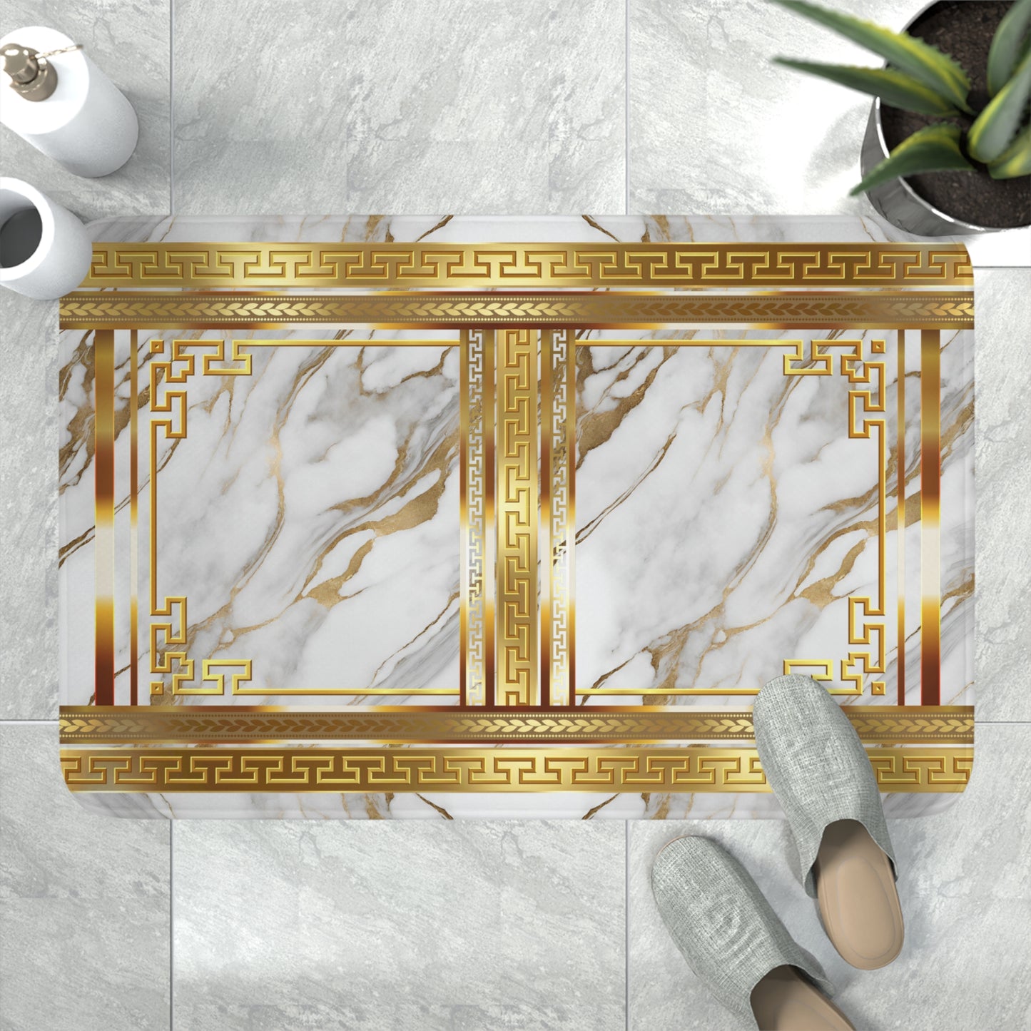 Greek Key White Gold Marbleized Memory Foam Bath Mat