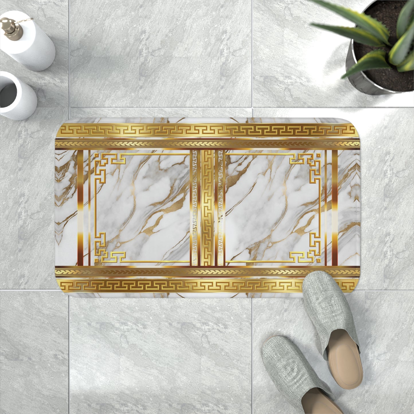 Greek Key White Gold Marbleized Memory Foam Bath Mat