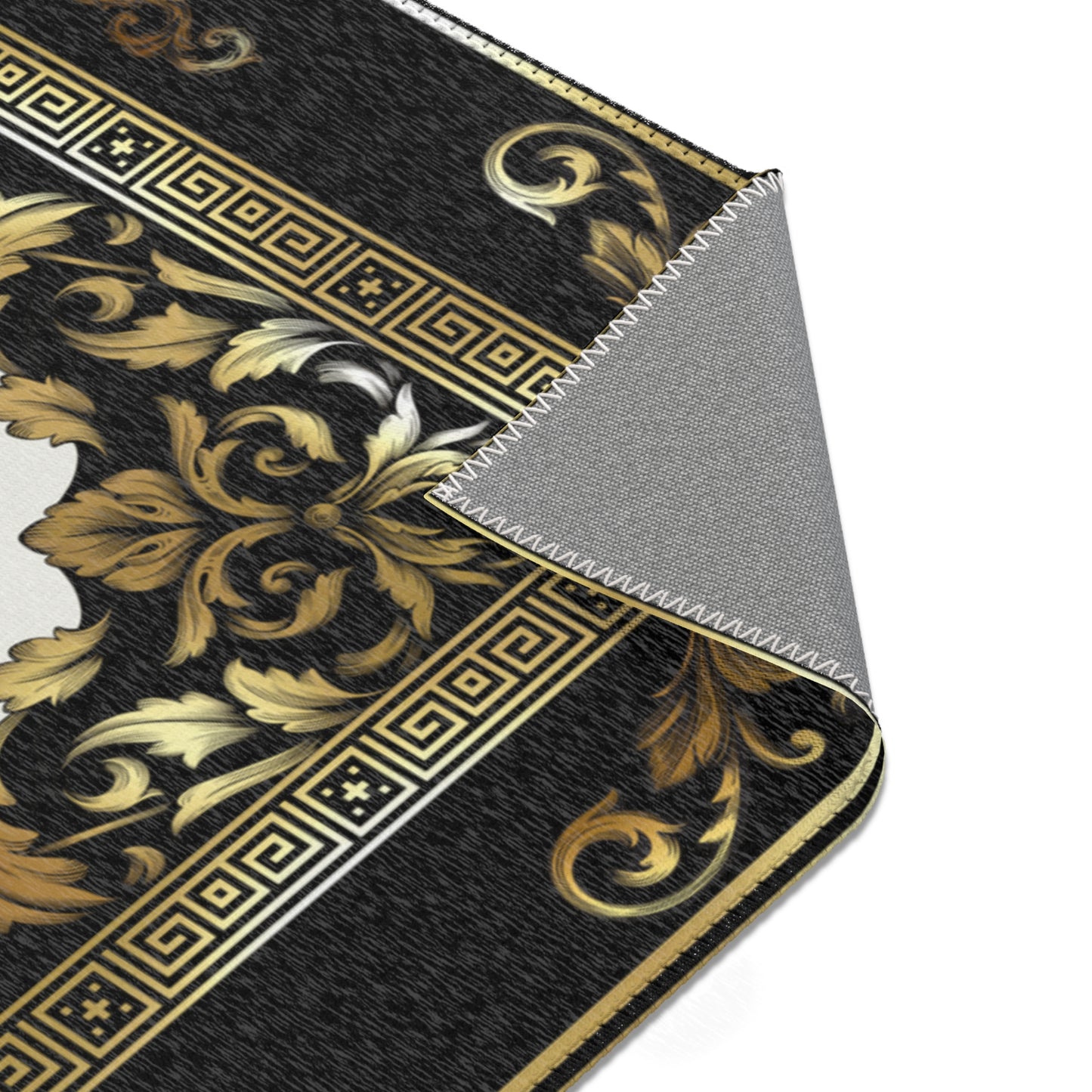 Ornate Gold Baroque Greek Key Black Cream Area  Rug