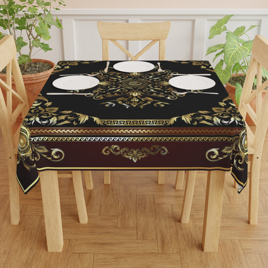 Ornate Baroque Black Maroon Gold Greek Key Tablecloth