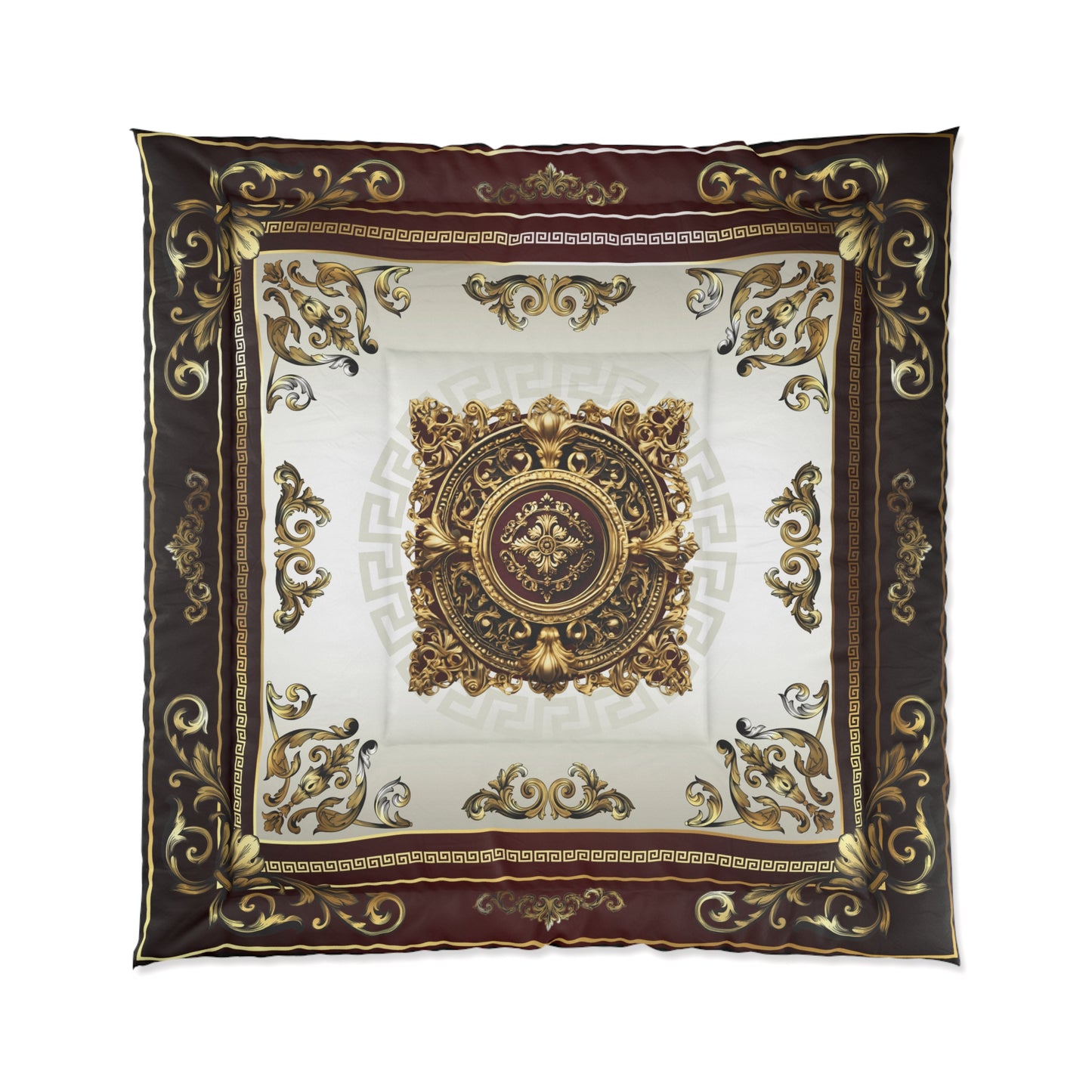 Greek Key Gold Maroon Cream Ornate Comforter