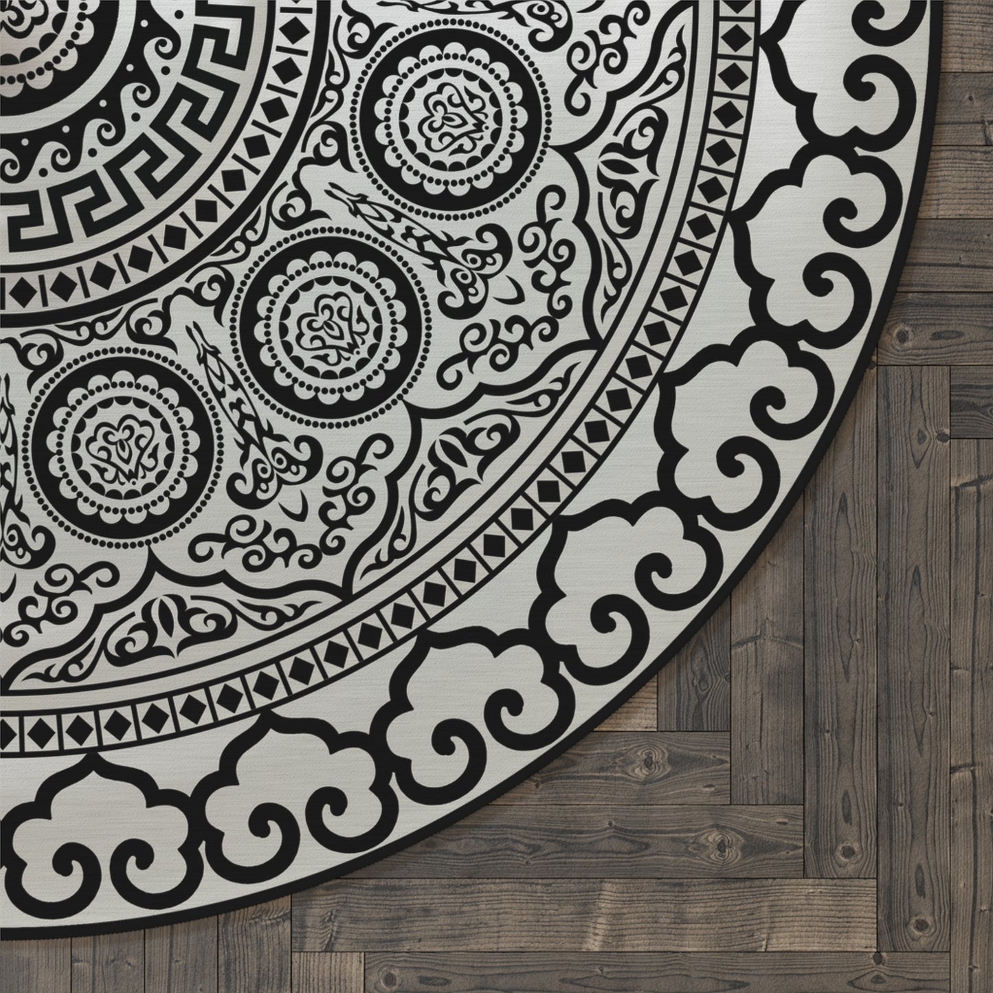 Ornate Baroque Cream Black Greek Key Round Rug