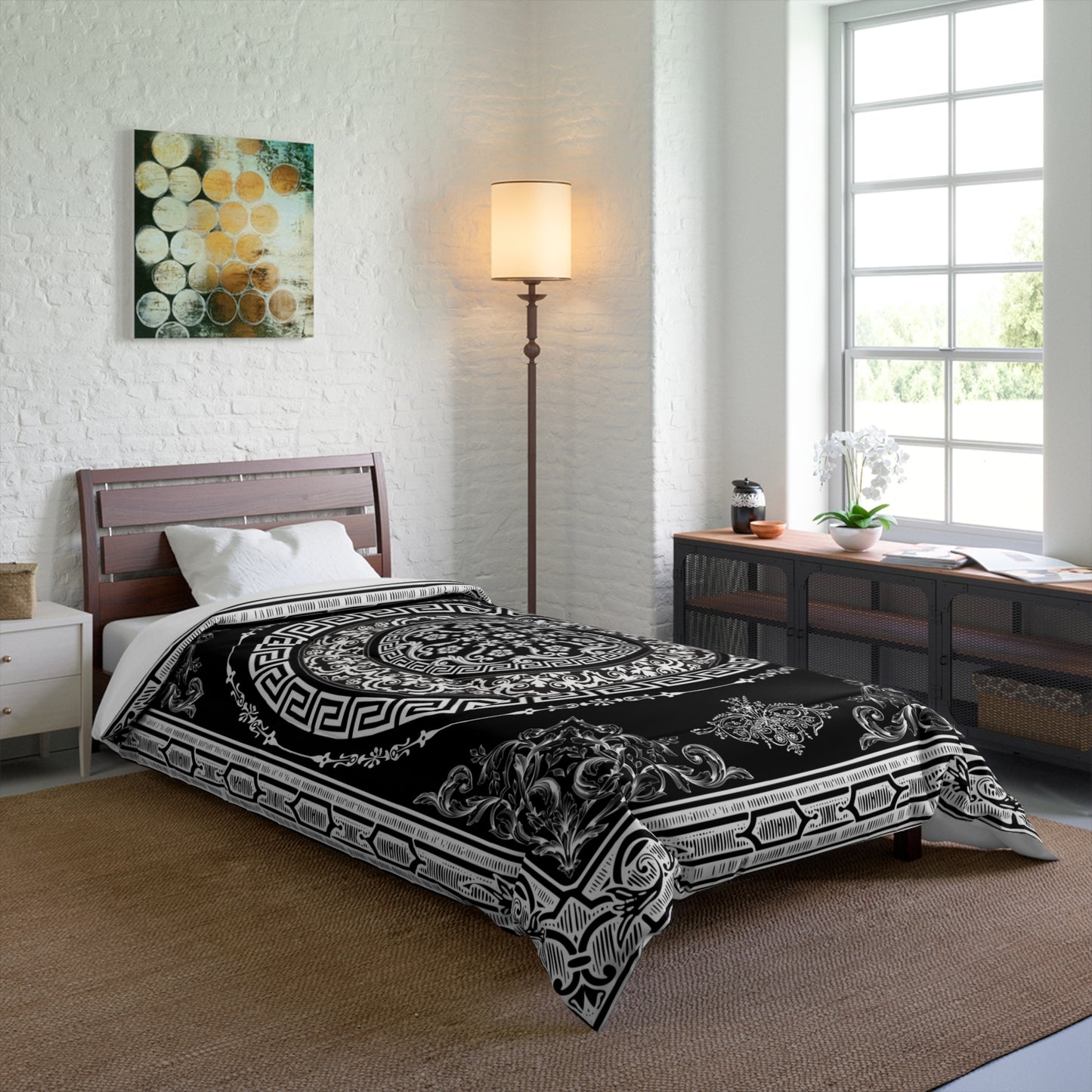 Ornate Baroque Black Antique White Greek Key Comforter