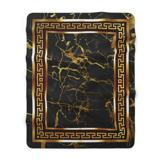 Gold Greek Key Maroon Black Gold Stone Sherpa Fleece Blanket