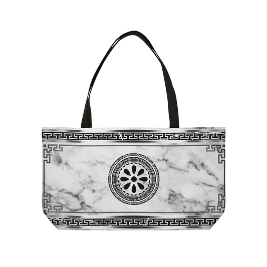 Greek Key Silver White Marbleized Weekender Tote Bag