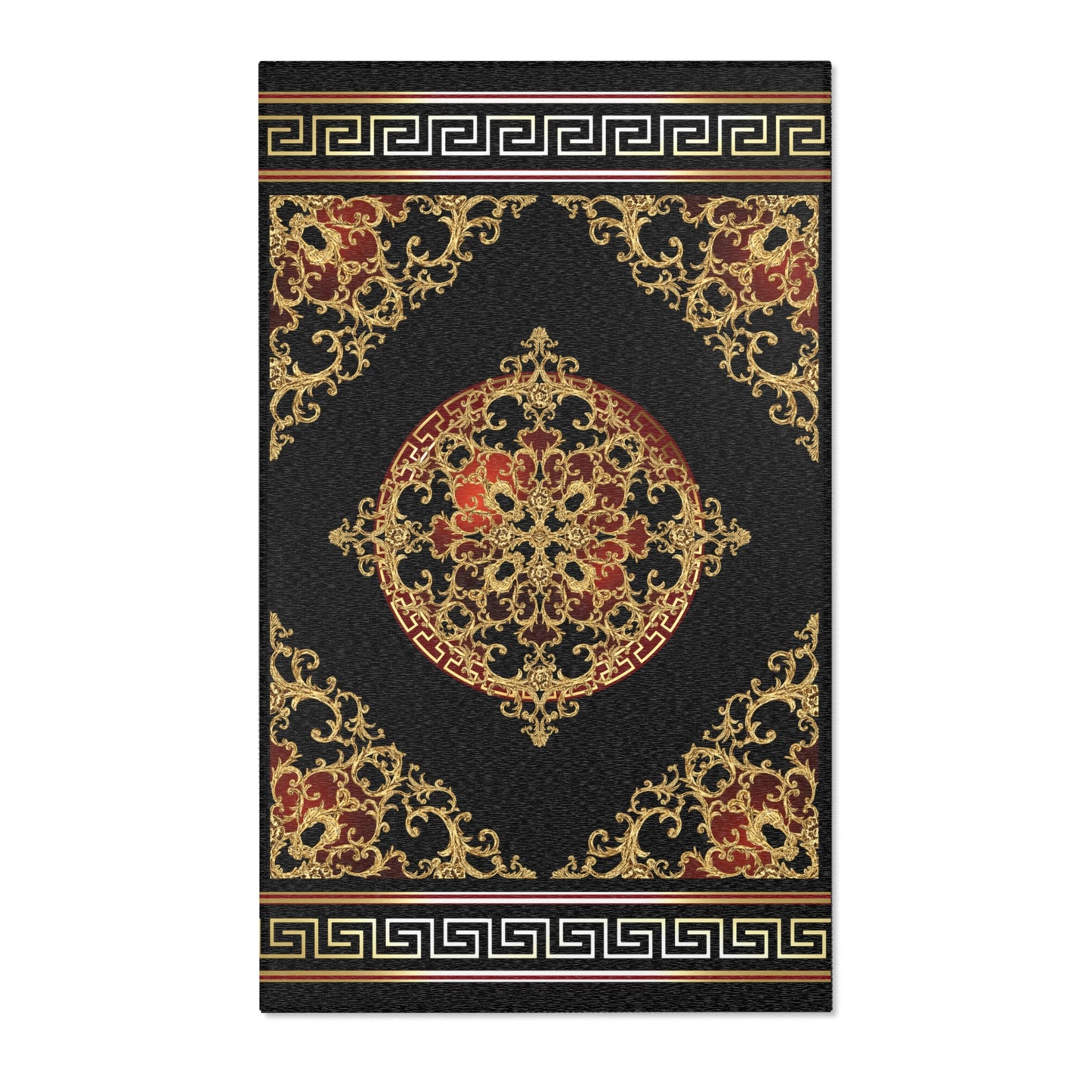 Baroque Gold Black Red Greek Key Ornate Area Rugs