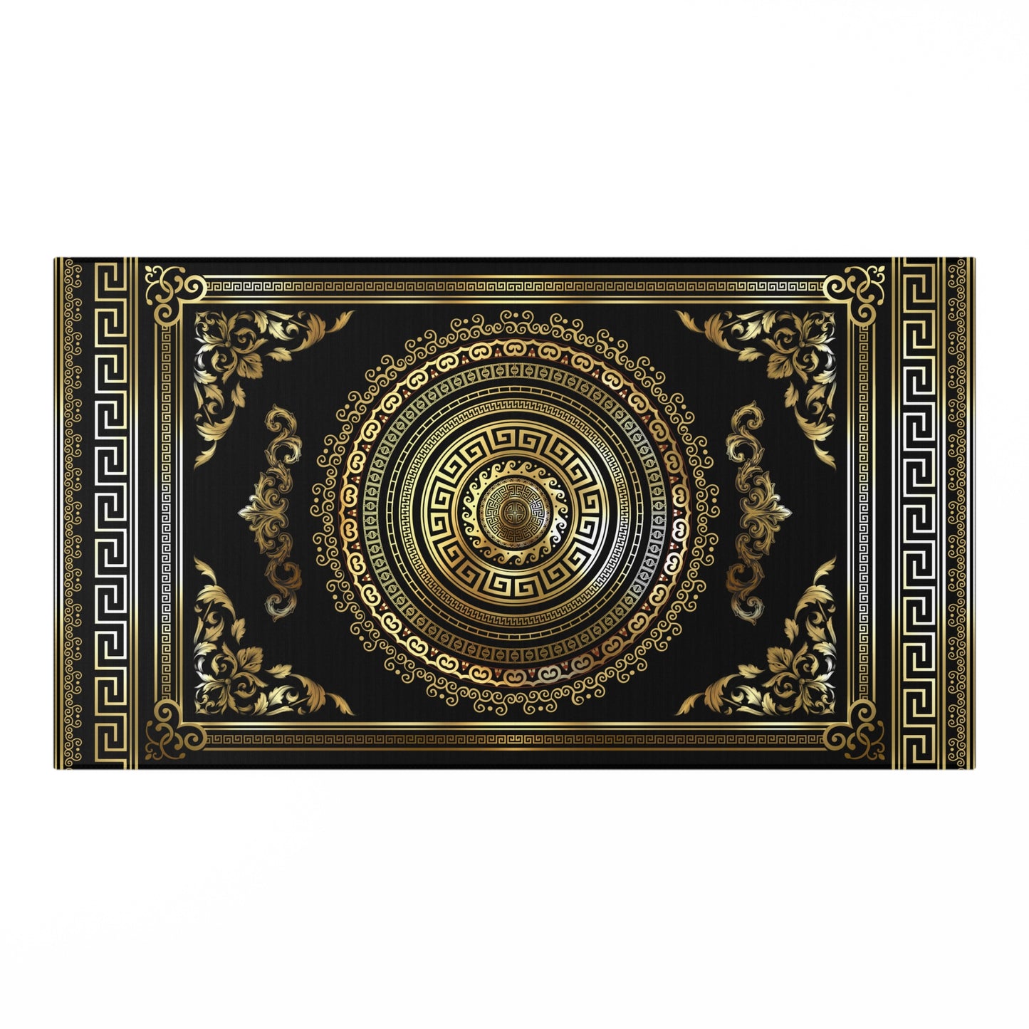 Ornate Baroque Greek Key Medallion Black Gold Dornier Rug