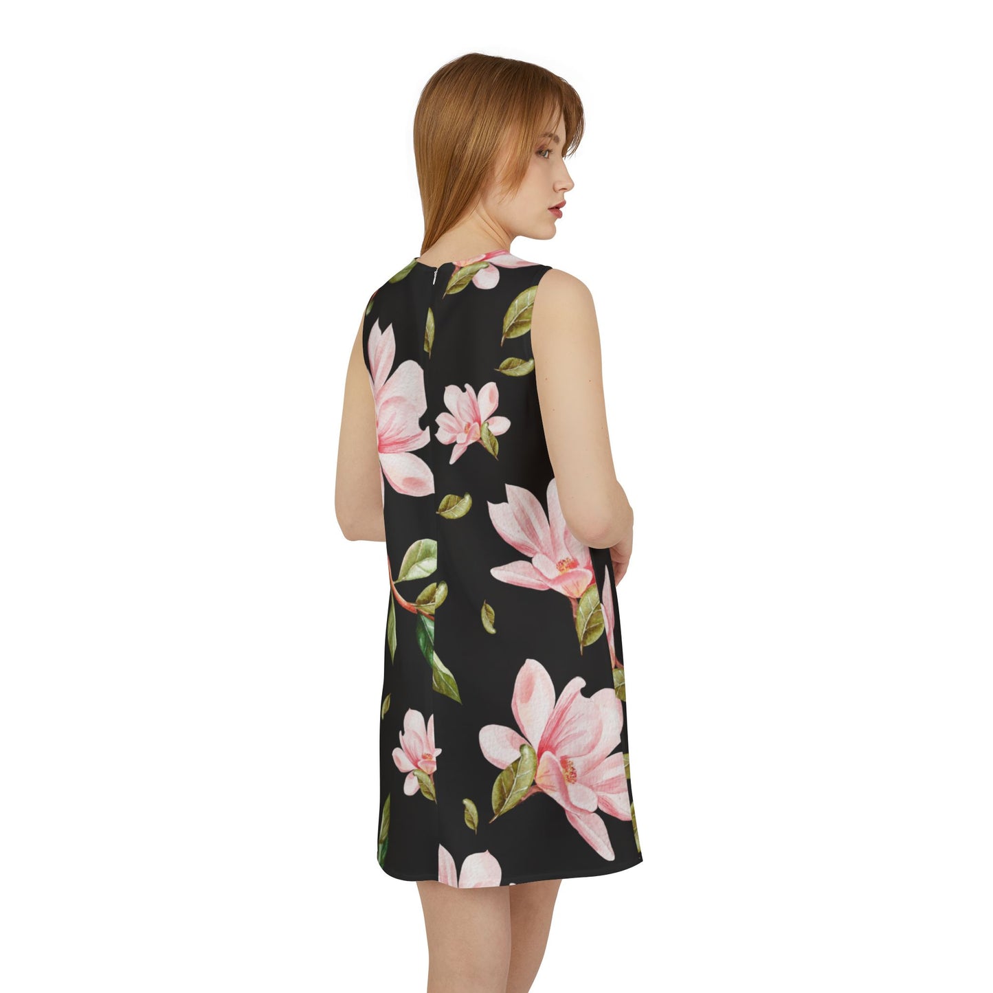 Black Pink Green Floral Black A-line Sleeveless Dress