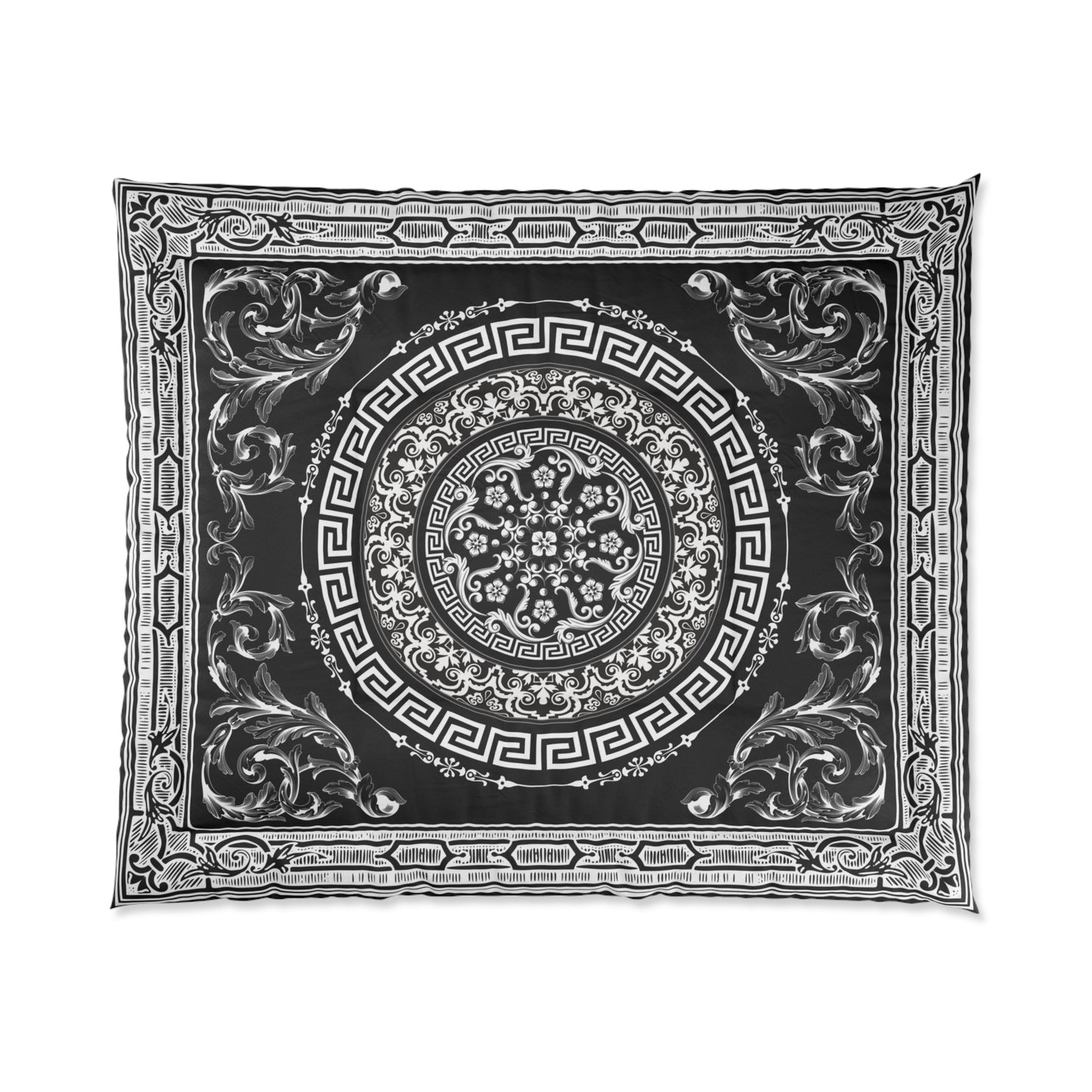 Ornate Baroque Black Antique White Greek Key Comforter