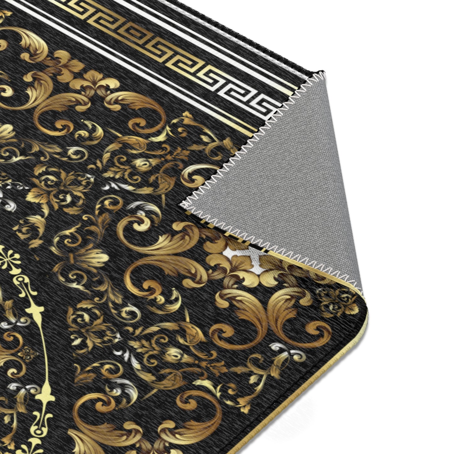 Ornate Baroque Gold Black Greek Key Area Rugs