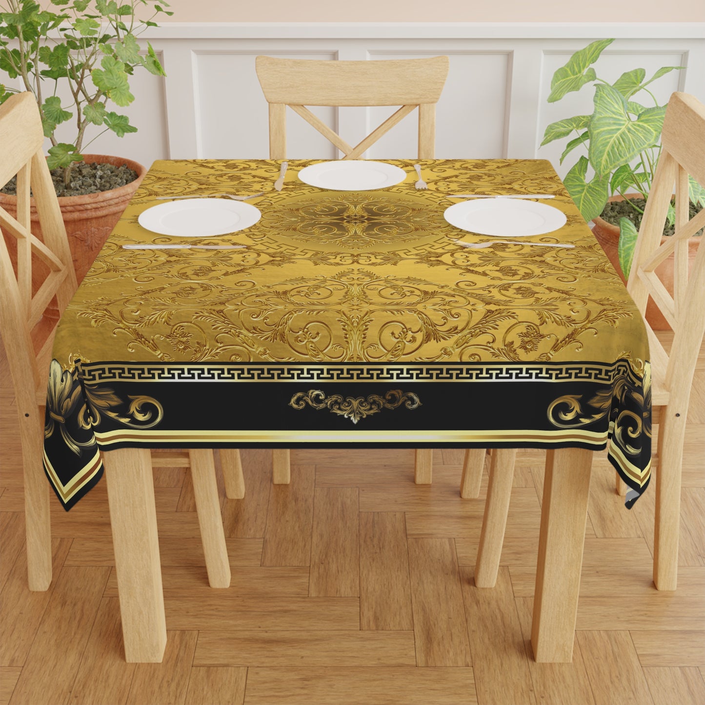 Gold Ornate Baroque Greek Key Black Tablecloth