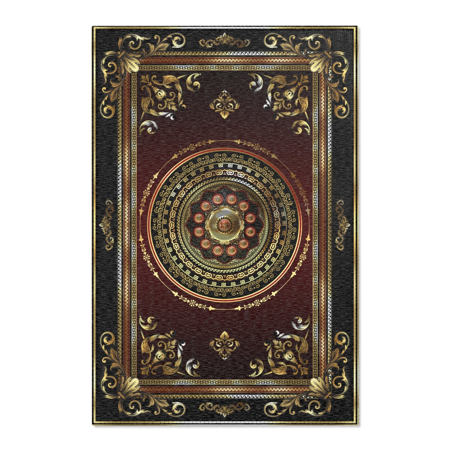 Greek Key Maroon Red Black Gold Ornate Baroque Area Rugs