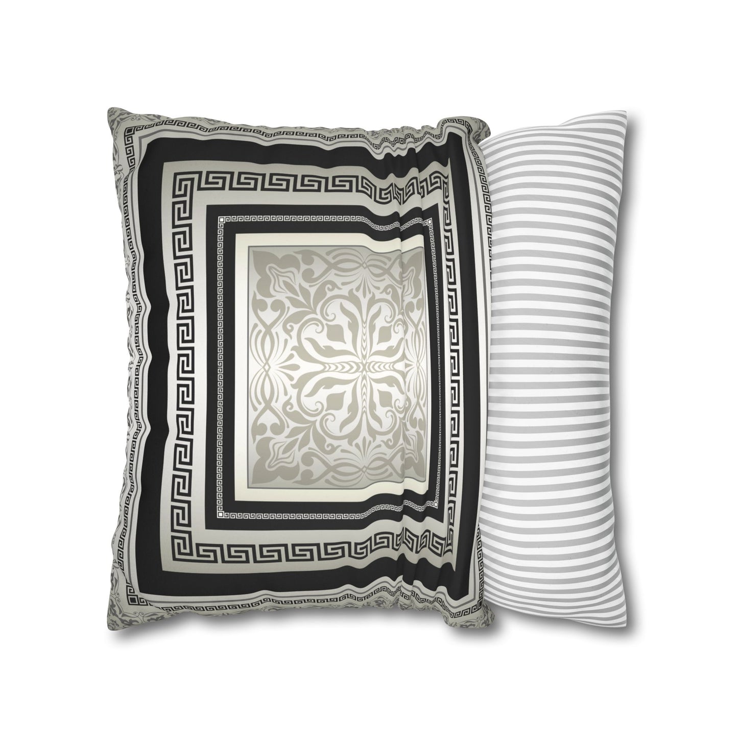 Greek Keys Cream Gray Black Faux Suede Square Pillow Case