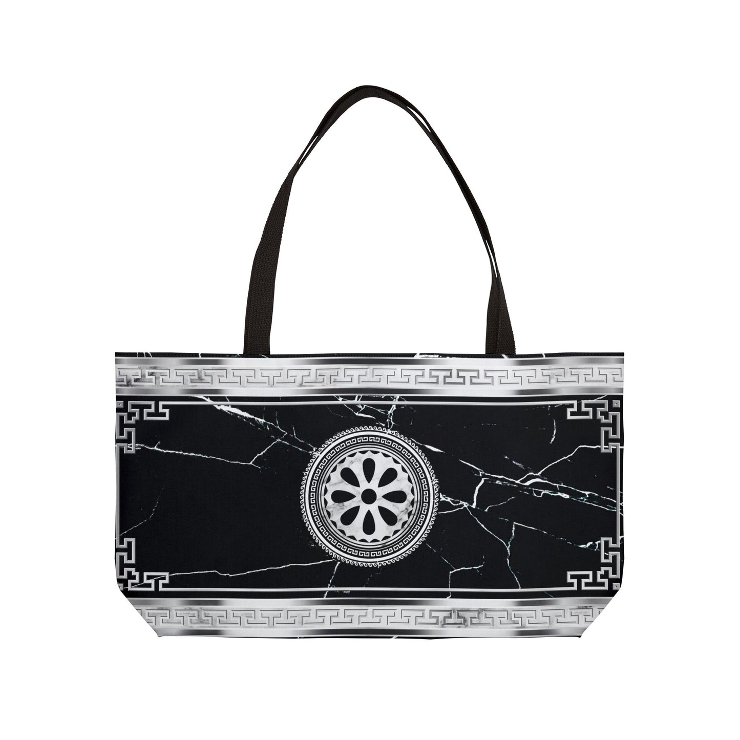 Greek Key Silver Black Marbleized Weekender Tote Bag