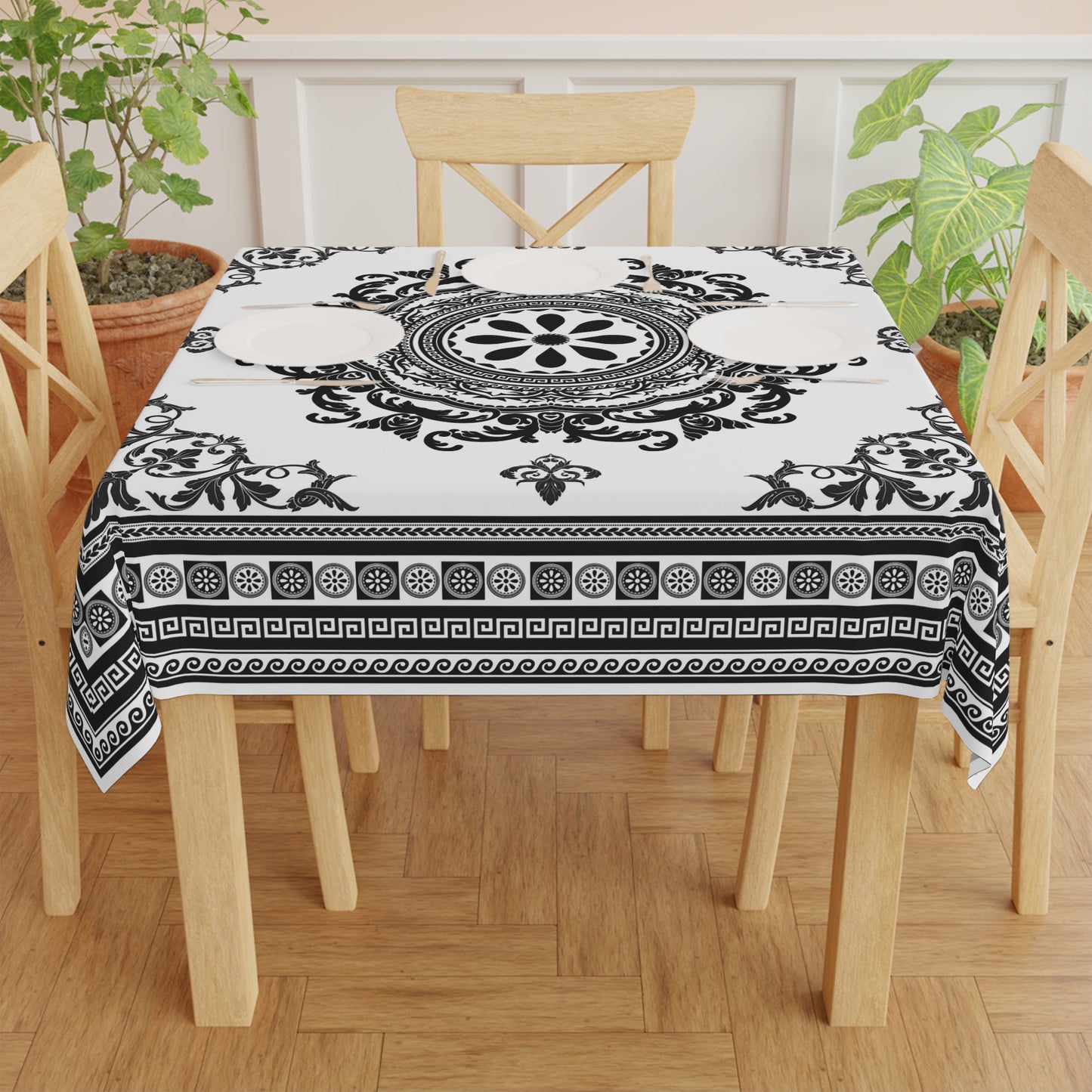 White Black Floral Greek Key Tablecloth