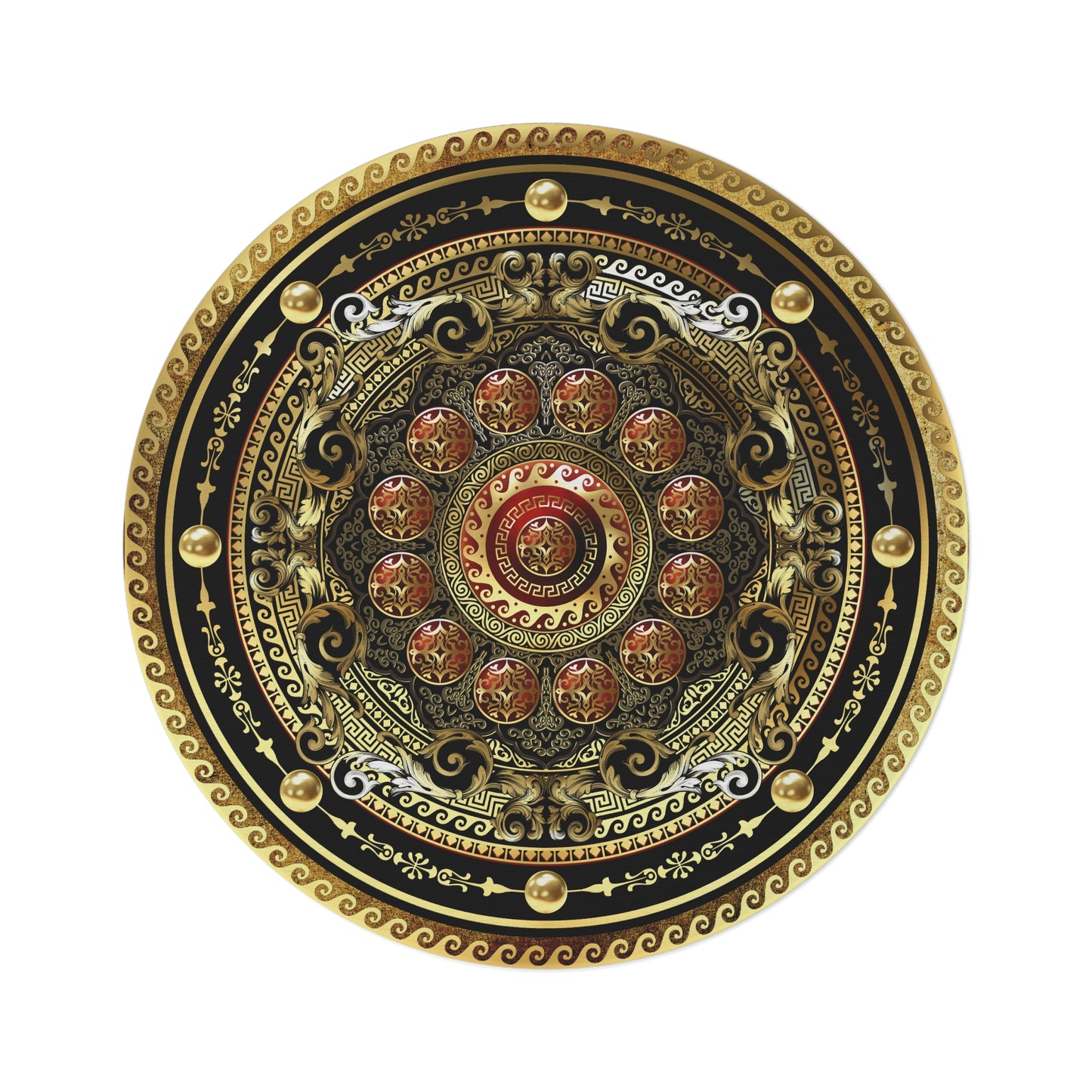 Greek Key Ornate Gold Black Red Round Rug