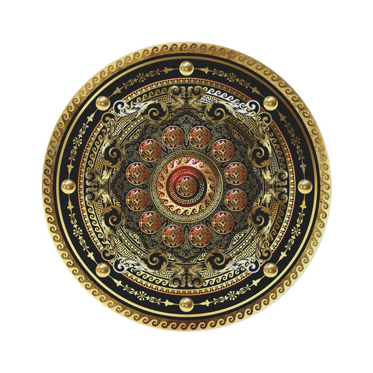 Greek Key Ornate Gold Black Red Round Rug