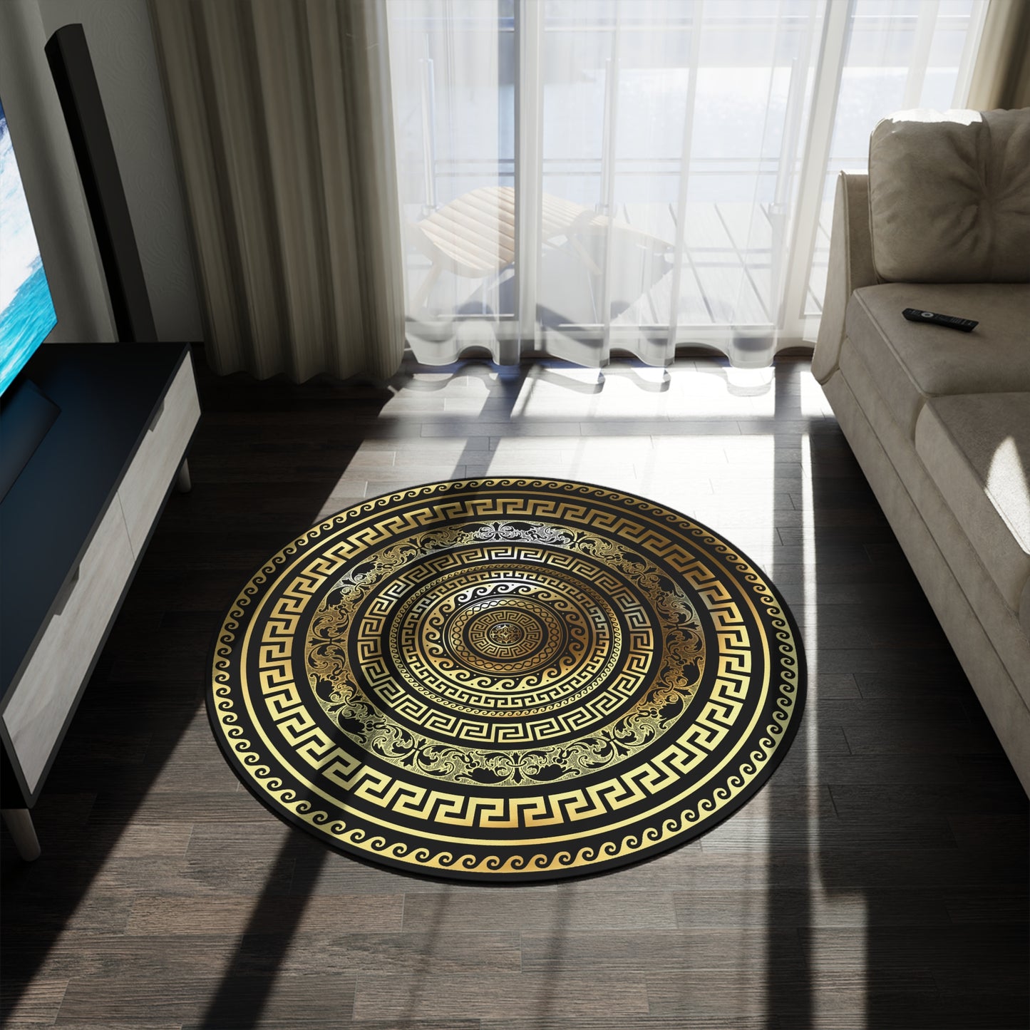 Greek Key Black Gold Round Rug