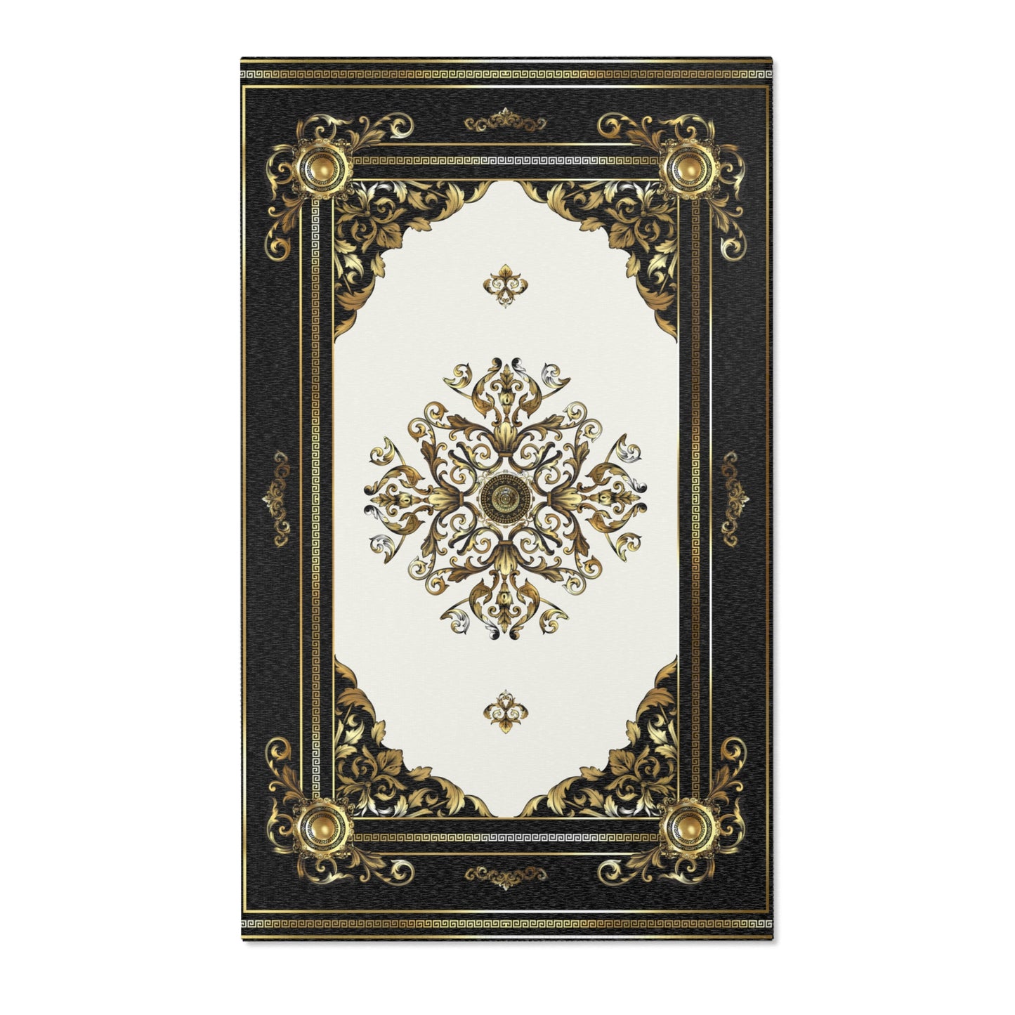 Ornate Gold Baroque Greek Key Black Cream Area  Rug