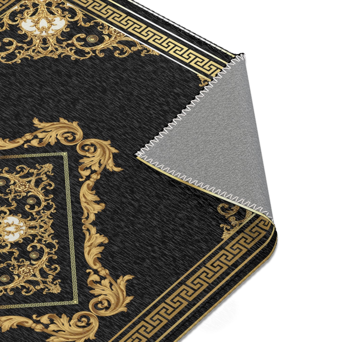 Ornate Baroque Black Gold Greek Key Gold Trim Area Rugs