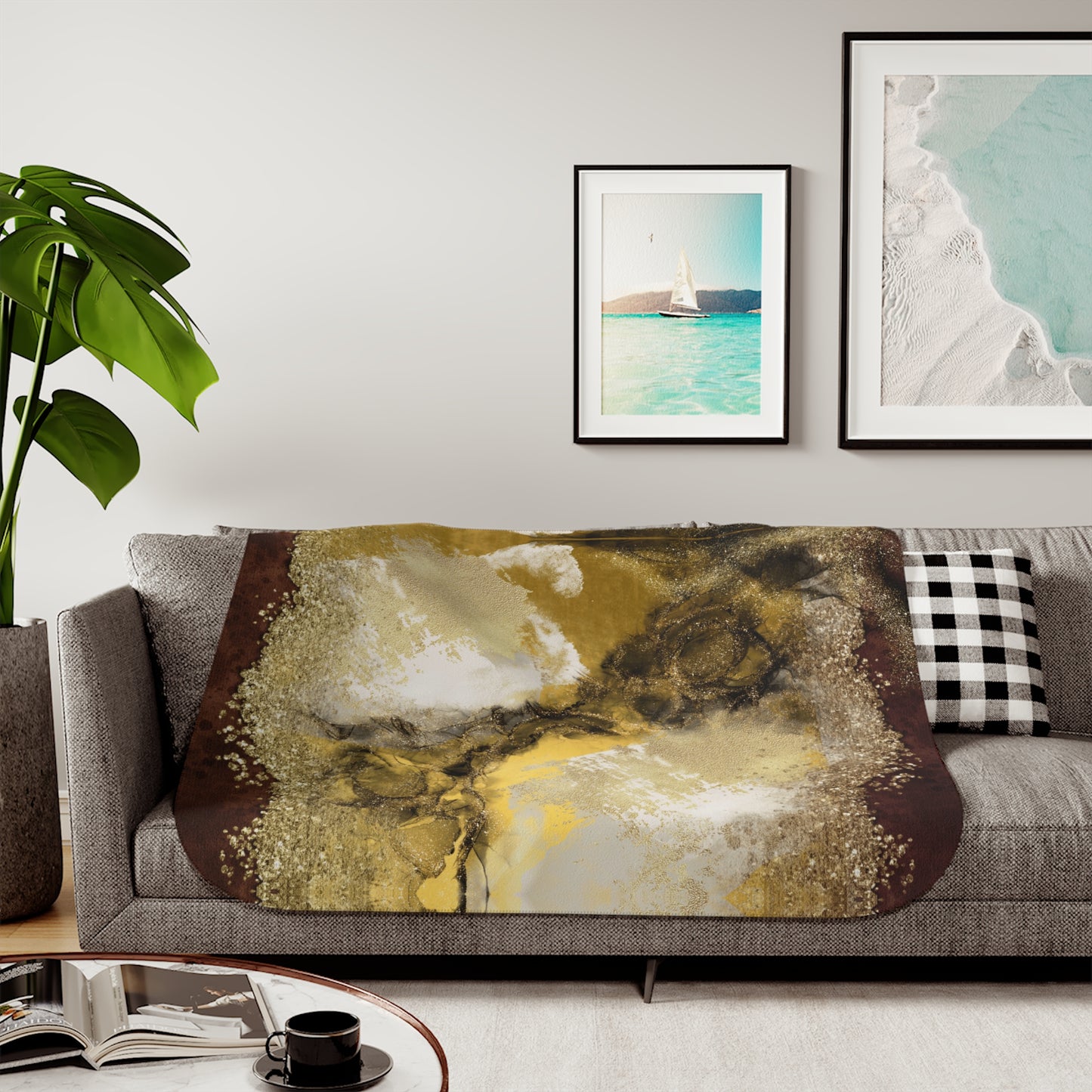 Abstract Gold Maroon Black Sherpa Blanket