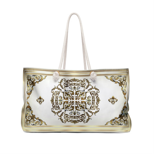 White Gold Greek Key Ornate Baroque  Weekender Bag