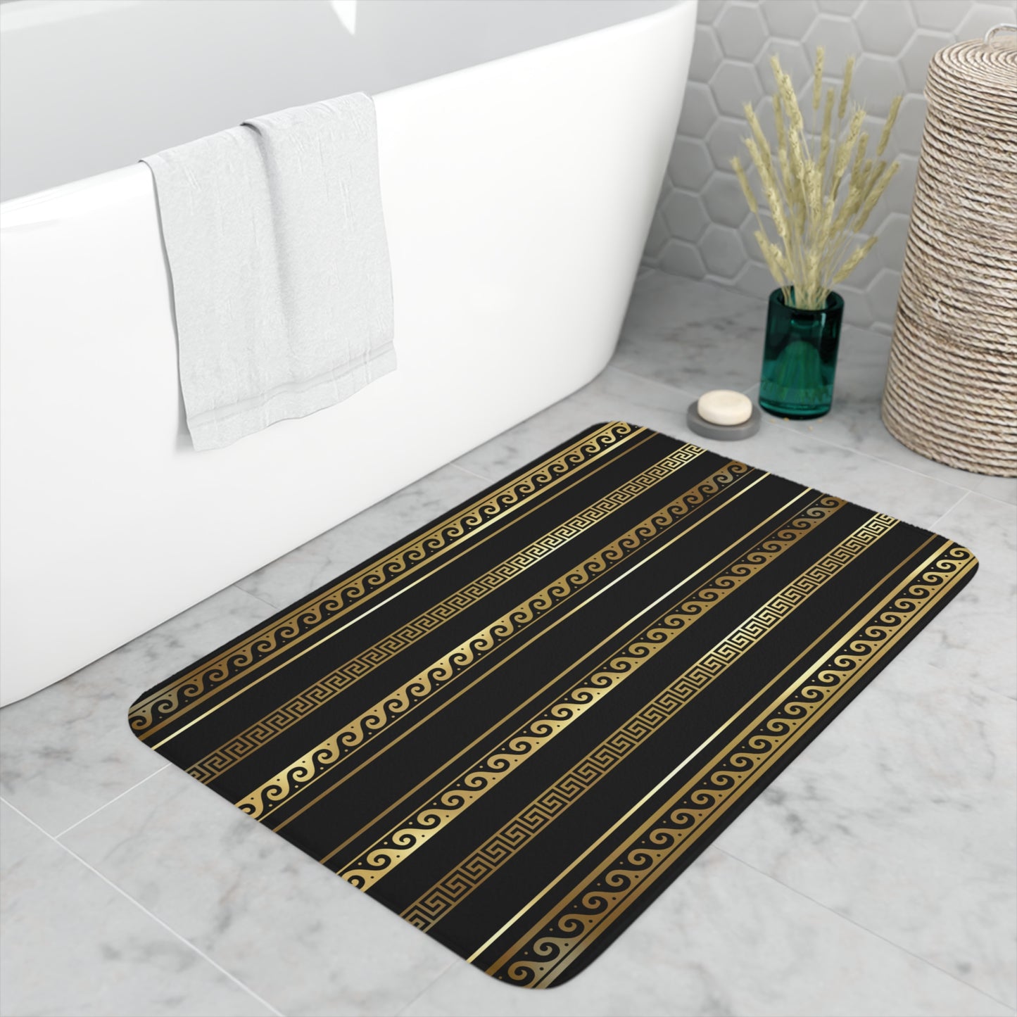 Greek Key Gold Black Memory Foam Bath Mat