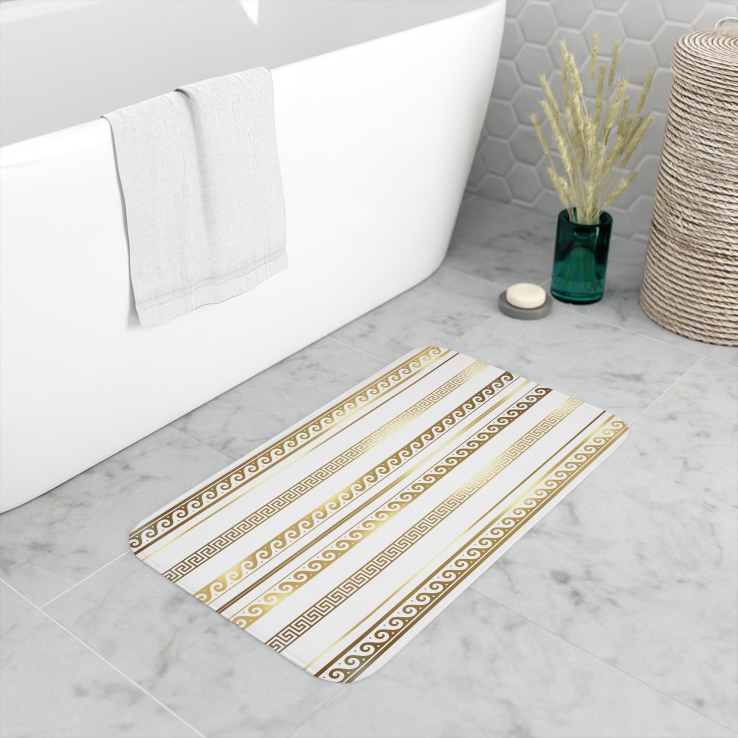 Greek Key Gold White Memory Foam Bath Mat