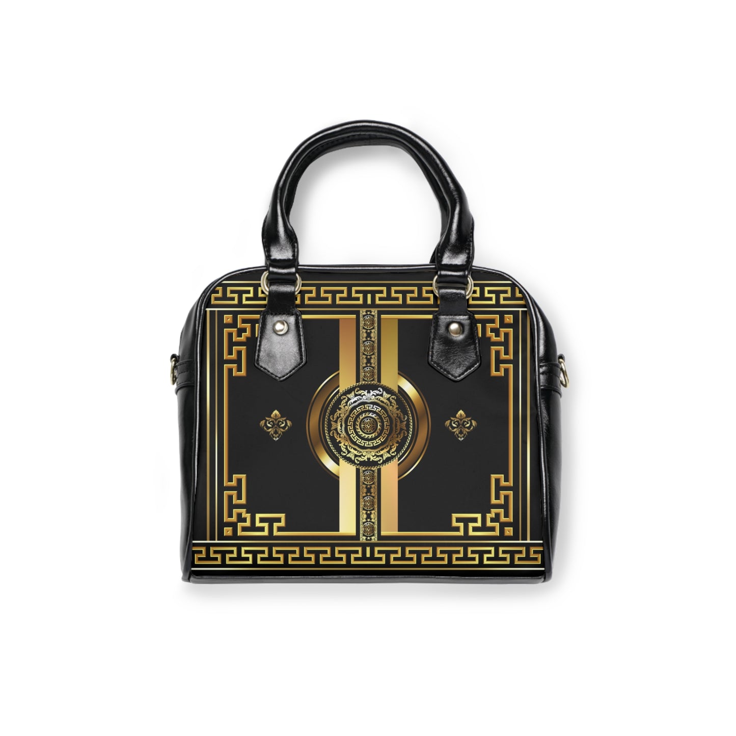 Greek Keys Gold Black Shoulder Handbag