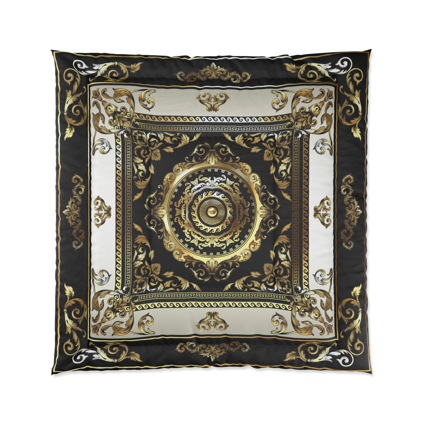 Greek Key Ornate Baroque Black Cream Gold Comforter