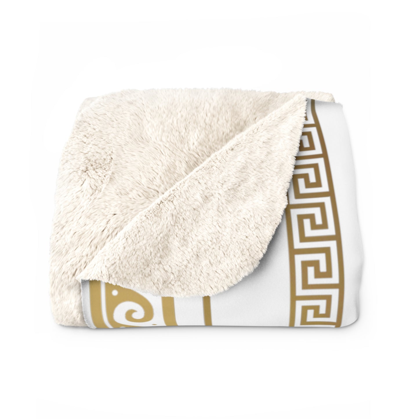 Greek Key Design Gold Striped White Sherpa Fleece Blanket