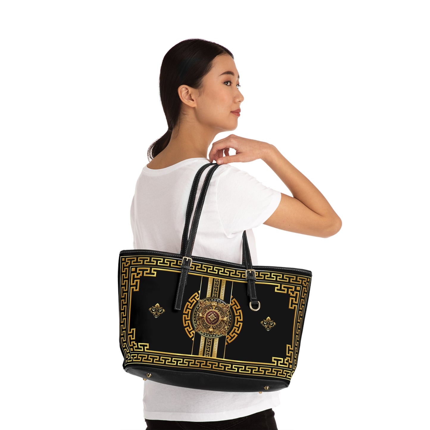 Greek Key Gold Black Medallion PU Leather Shoulder Bag