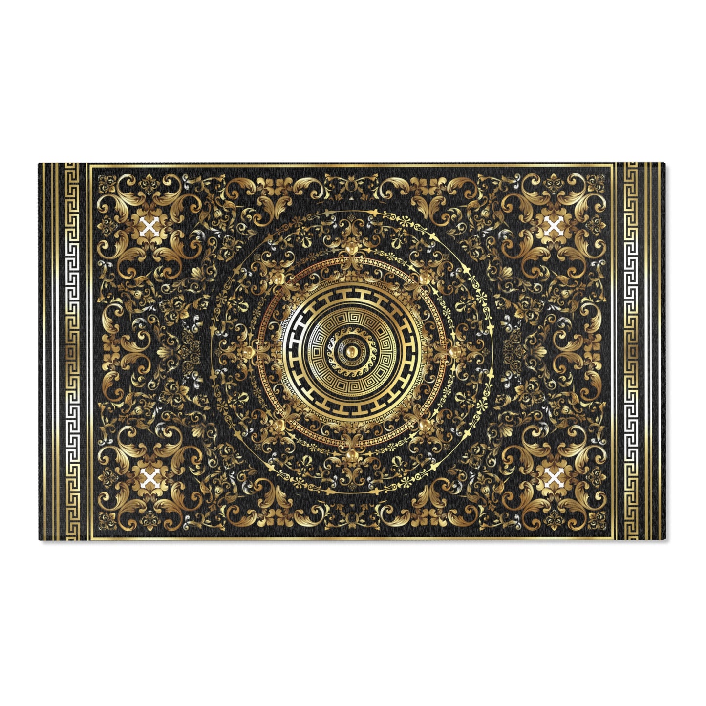 Ornate Baroque Gold Black Greek Key Area Rugs