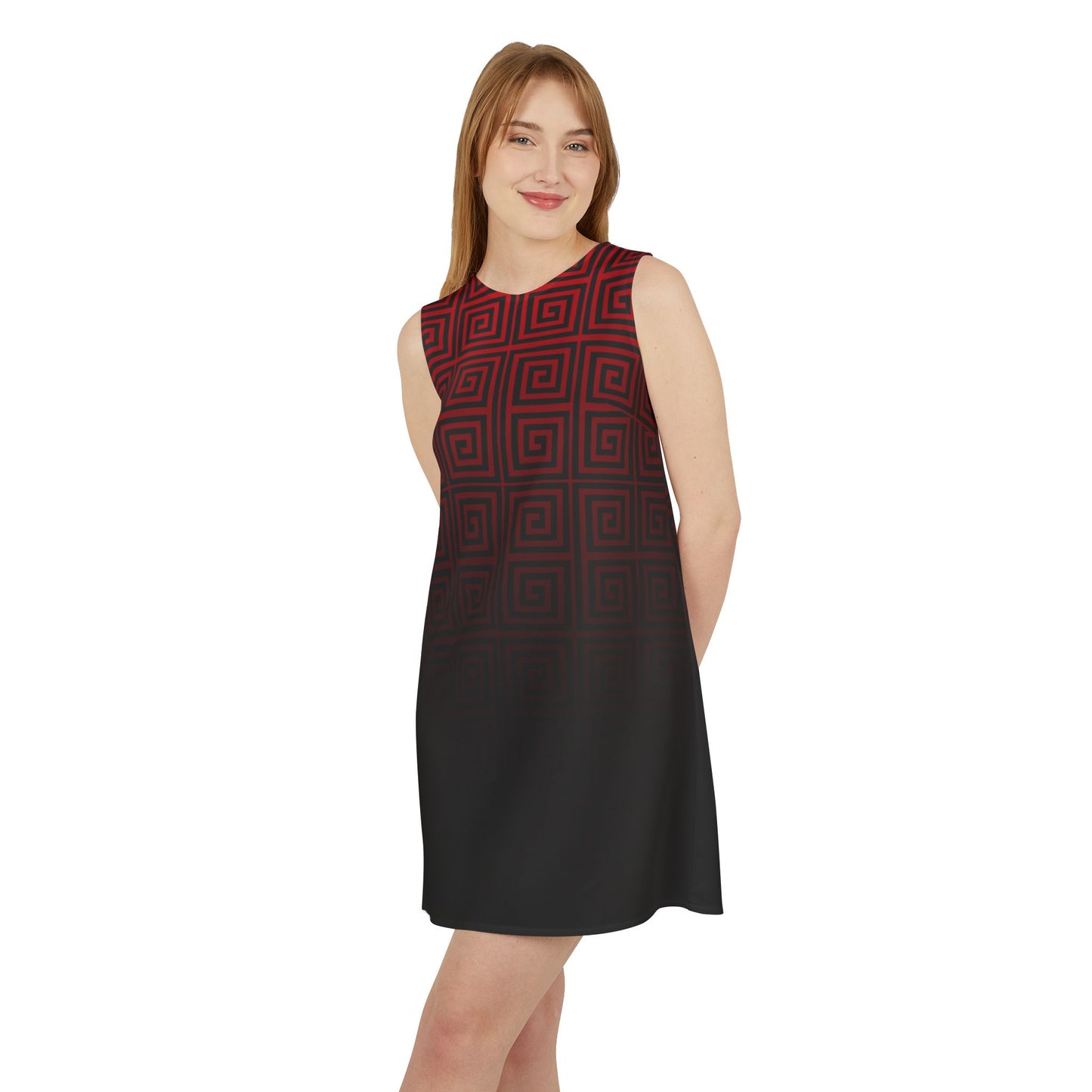 Black Red Greek Key Black A-line Sleeveless Dress