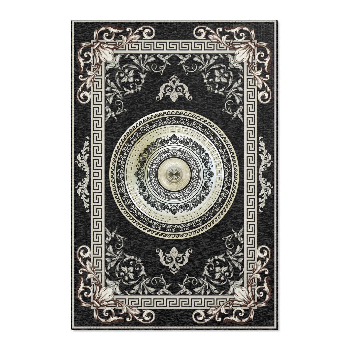 Greek Key Black & Cream Ornate Baroque Area Rugs