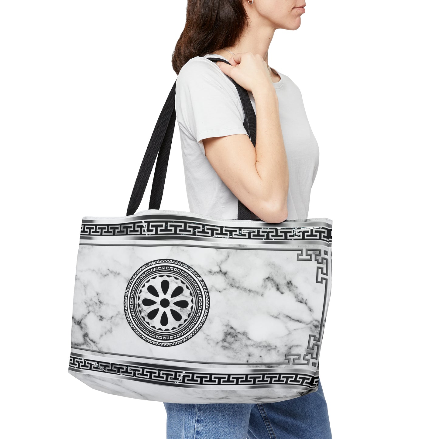 Greek Key Silver White Marbleized Weekender Tote Bag