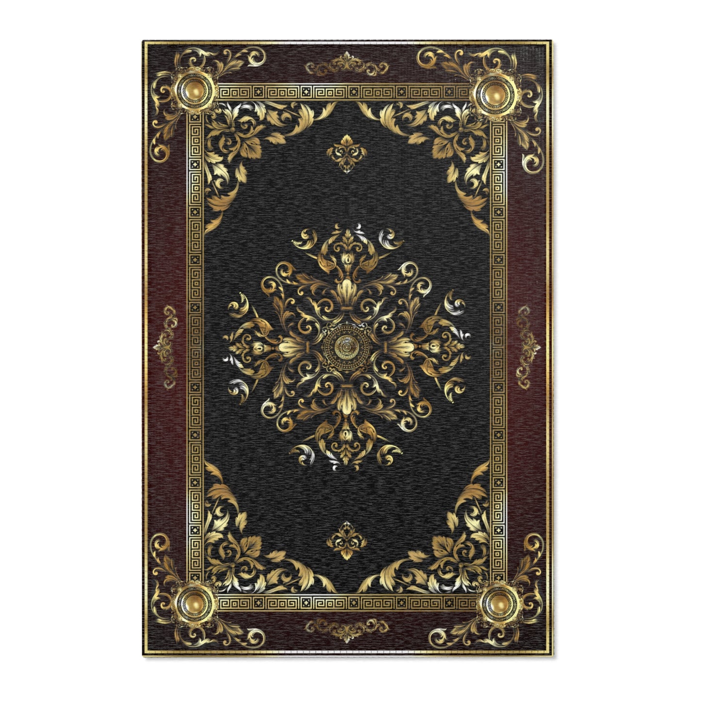 Ornate Gold Baroque Greek Key Black Maroon Area Rug