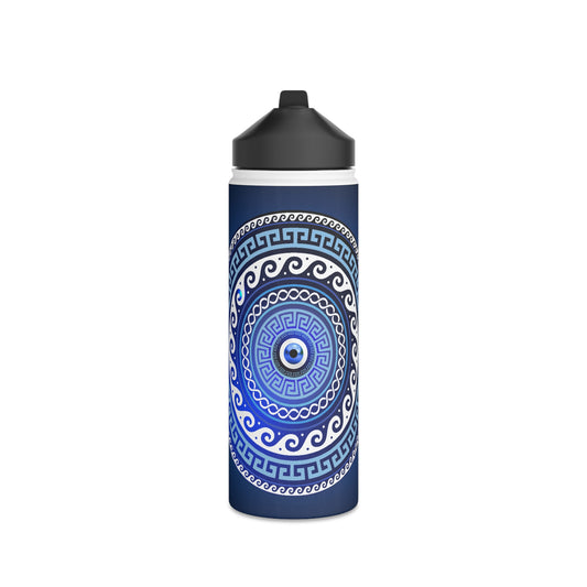 Mati Evil Eye Greek Key Blues Stainless Steel Water Bottle, Standard Lid