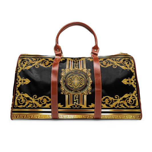 Baroque Ornate Gold Greek Key Black Waterproof Travel Bag